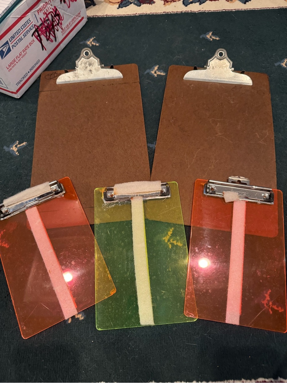 Unbranded Brown Wood Clipboards with Orange and Green Acrylic Covers (Set)